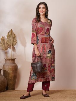FASHOR - Women's Ethnic Pichwai Printed & Kantha Embroidered Straight Fit Kurta