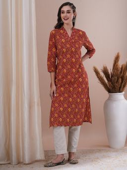 FASHOR - Women's Red Floral Printed & Sequin Embroidered Straight Fit Kurta