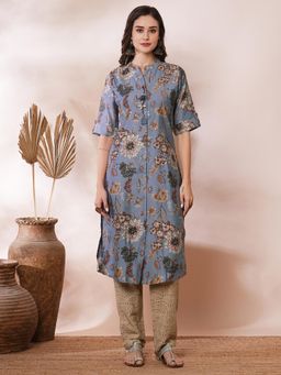 FASHOR - Women's Grey Ethnic Floral Printed Straight Fit Kurta