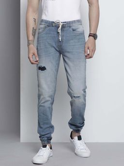 Freehand - Men Slim Fit Solid Mid-Rise Stretchable Denim Joggers Blue