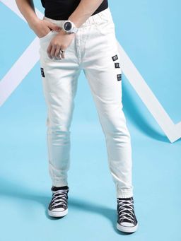 The Indian Garage Co - Men Slim Fit Solid Mid-Rise Stretchable Denim Joggers White