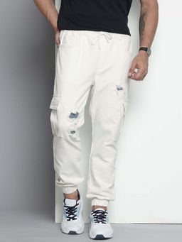 The Indian Garage Co - Men Regular Fit Solid Mid-Rise Stretchable Denim Cargo Joggers White