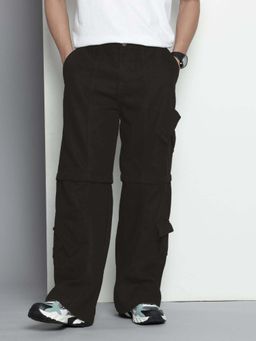 The Indian Garage Co - Men Baggy Solid Mid-Rise Convertible Cargo Denim Black