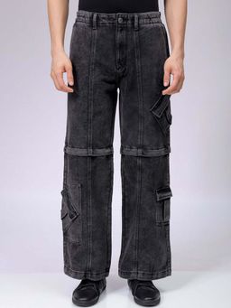 The Indian Garage Co - Men Baggy Solid Mid-Rise Convertible Cargo Denim Charcoal