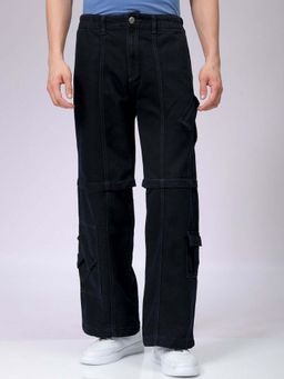 The Indian Garage Co - Men Baggy Solid Mid-Rise Convertible Cargo Denim Blue