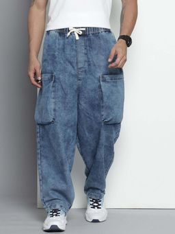 The Indian Garage Co - Men Cargo Baggy Harem Solid Mid-Rise Jeans Blue
