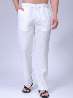 The Indian Garage Co - Men Loose Fit Textured Mid-Rise Elasticated Trousers White