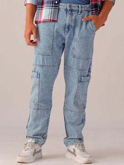 The Indian Garage Co - Men Dad Fit Solid Mid-Rise Cargo Denim Blue