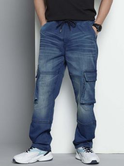 The Indian Garage Co - Men Relaxed Fit Solid Mid-Rise Stretchable Cargo Denim Joggers Blue