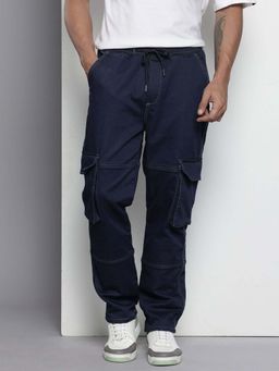 The Indian Garage Co - Men Relaxed Fit Solid Mid-Rise Stretchable Cargo Denim Joggers Blue