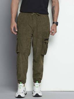 The Indian Garage Co - Men Drop Crotch Loose Fit Textured Mid-Rise Joggers Olive