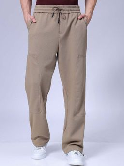 The Indian Garage Co - Men Loose Wide Leg Solid Mid-Rise Elasticated Utility Cargo Joggers Brown