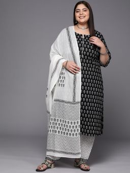 Extra love by Libas - Plus Size Women Black Printed Cotton Straight Kurta Sets for Women