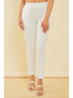 Soch - Women Off White Cotton Blend Embroidered Pant