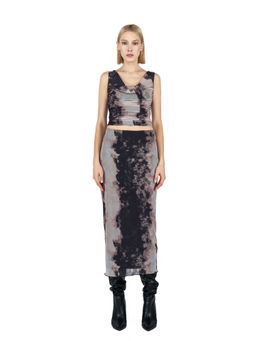 Cover Story - Grey Abstract Print Mesh Midi Skirt