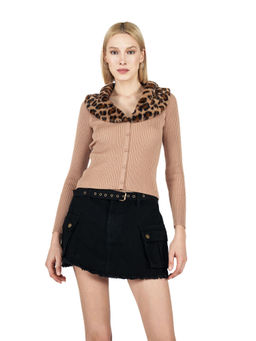Cover Story - Brown Animal Print Fur Turtle Short Sweater