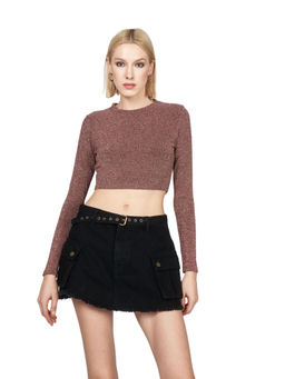 Cover Story - Brown Lurex Round Neck Crop Top