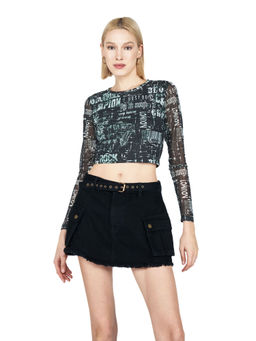 Cover Story - Green Mesh Text Print Crop Top