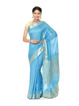 Banarasi Silk Works - Blue Valkalam Zari Anchal Border Art Saree with Unstitched Blouse