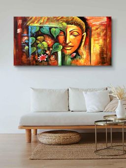 999Store - Wooden Stretched Lord Gautam Buddha Face And Tree Wall Painting Canvas FLP24480588