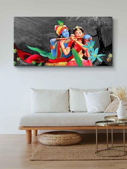 999Store - Wooden Stretched Lord Radha Krishna Photo The Lovely Radha Playing Flute Wall Painting