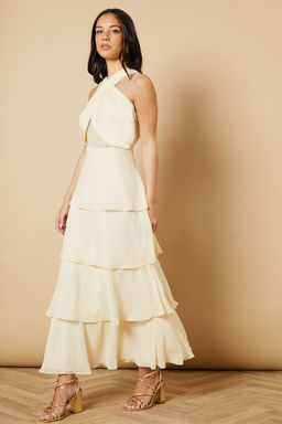 Oasis - Halter Neck Chiffon Tiered Midi Dress - Cream
