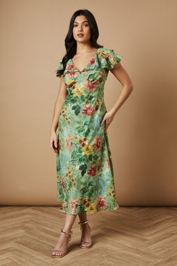 Oasis - Floral Satin Burnout Ruffle Midi Dress - Green