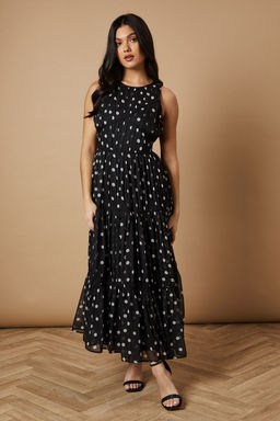Oasis - Mono Spot Contrast Piping Midi Dress - Black
