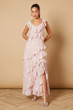 Oasis - Ruffle Jacquard Print Maxi Dress - Pink