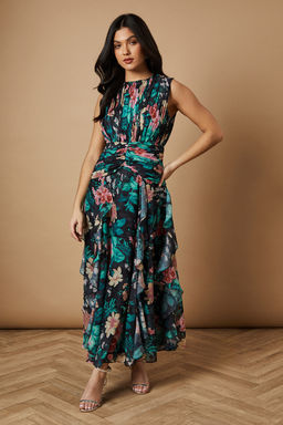 Oasis - Floral Waist Detail Ruffle Maxi Dress - Black
