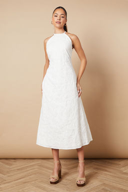 Oasis - Floral Lace High Neck Midi Dress - White
