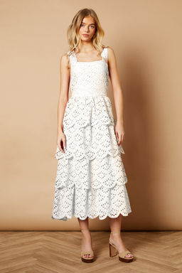 Oasis - Scallop Trim Broderie Midi Dress - White