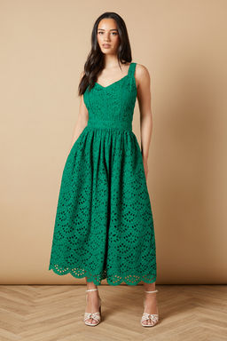 Oasis - Embroidered Broderie Midi Dress - Green