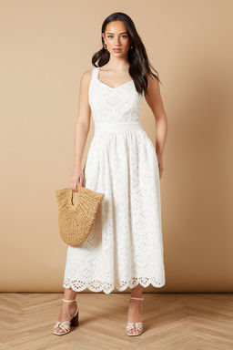 Oasis - Embroidered Broderie Midi Dress - White