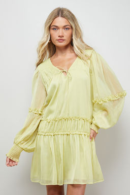 Oasis - Plain Chiffon Shirred Front Tie Neck Mini Dress - Olive