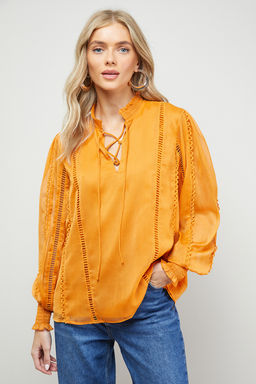 Oasis - Tie Neck Ruffle Detail Chiffon Blouse - Orange