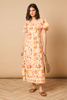 Oasis - Trim Detail Square Neck Puff Sleeve Midi Dress - Multi-Color