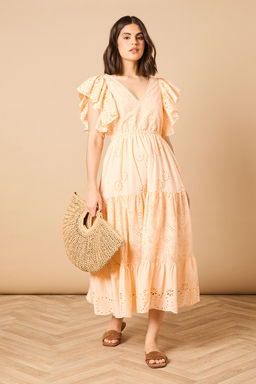 Oasis - Broderie V-Neck Angel Sleeve Midi Dress - Peach