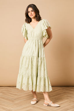 Oasis - Broderie V-Neck Angel Sleeve Midi Dress - Beige
