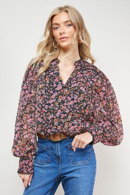 Oasis - Printed Chiffon Button Through Blouse - Multi-Color