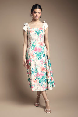 Oasis - Bow Strap Midi Prom Dress - Multi-Color