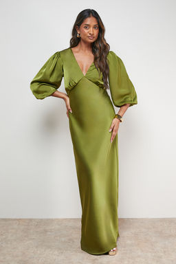 Oasis - Satin V-Neck Balloon Sleeve Bias Midi Dress - Olive