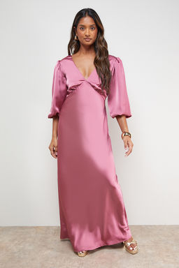 Oasis - Satin V-Neck Balloon Sleeve Bias Midi Dress - Pink