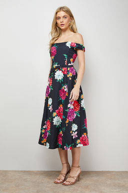 Oasis - Printed Bow Front Bardot Midi Dress - Multi-Color