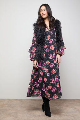 Oasis - Printed Trim Detail Frill Shoulder Midi Tea Dress - Multi-Color