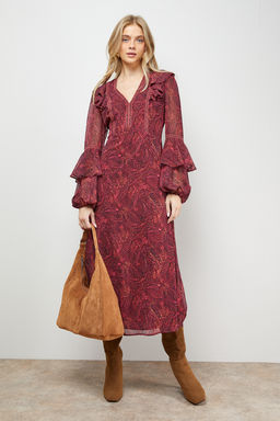 Oasis - Printed Trim Detail Frill Shoulder Midi Tea Dress - Multi-Color