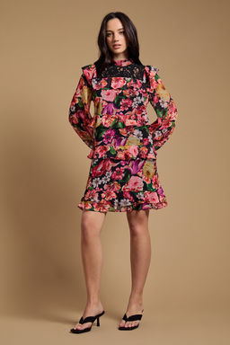 Oasis - Printed Chiffon Lace Detail Tiered Long Sleeve Mini Dress - Multi-Color