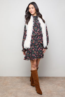Oasis - Printed Chiffon Lace Detail Tiered Long Sleeve Mini Dress - Black