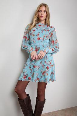 Oasis - Printed Lace Trim Long Sleeve Flippy Mini Dress - Blue