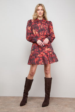 Oasis - Long Sleeve Button Up Collar Detail Mini Dress - Burgundy